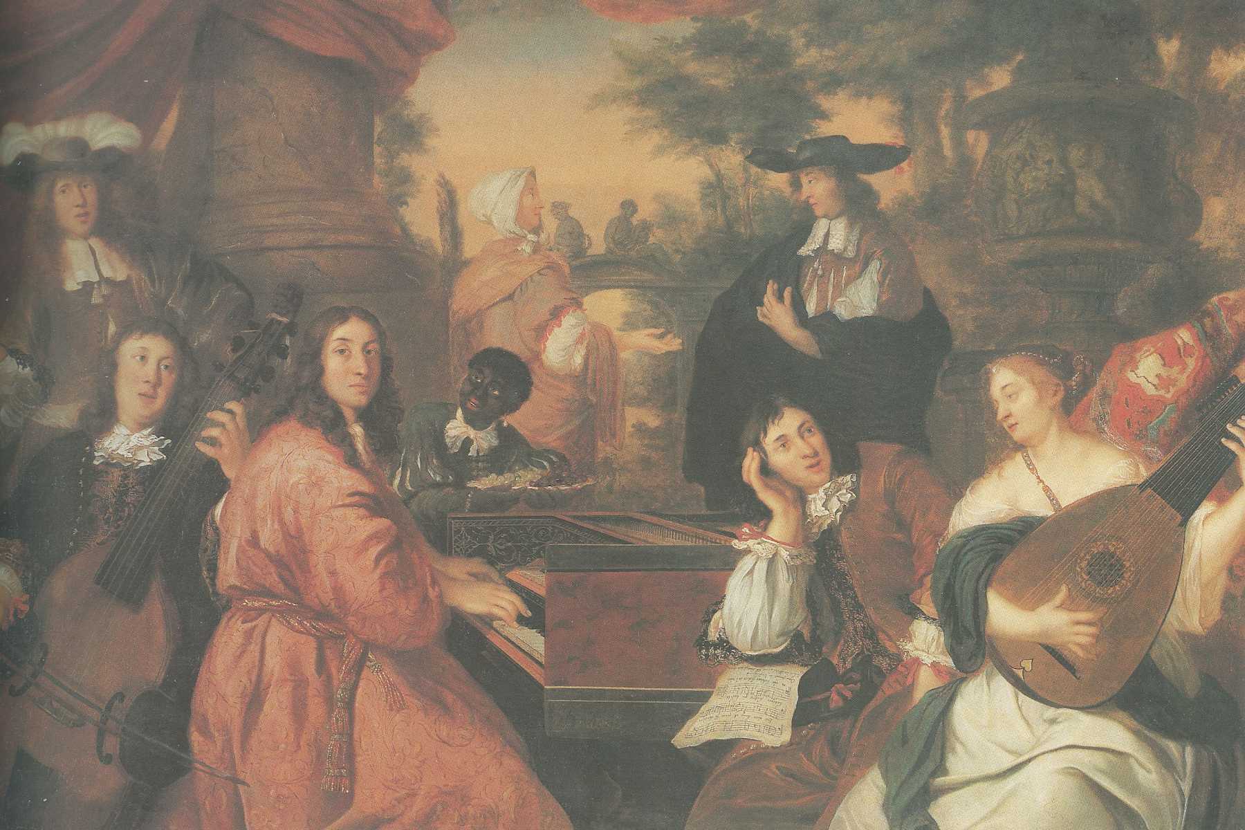 Mittig sitzt ein Mann am Cembalo. Dahinter steht ein Schwarzer Page und serviert Obst. Links und rechts weitere Musizierende.