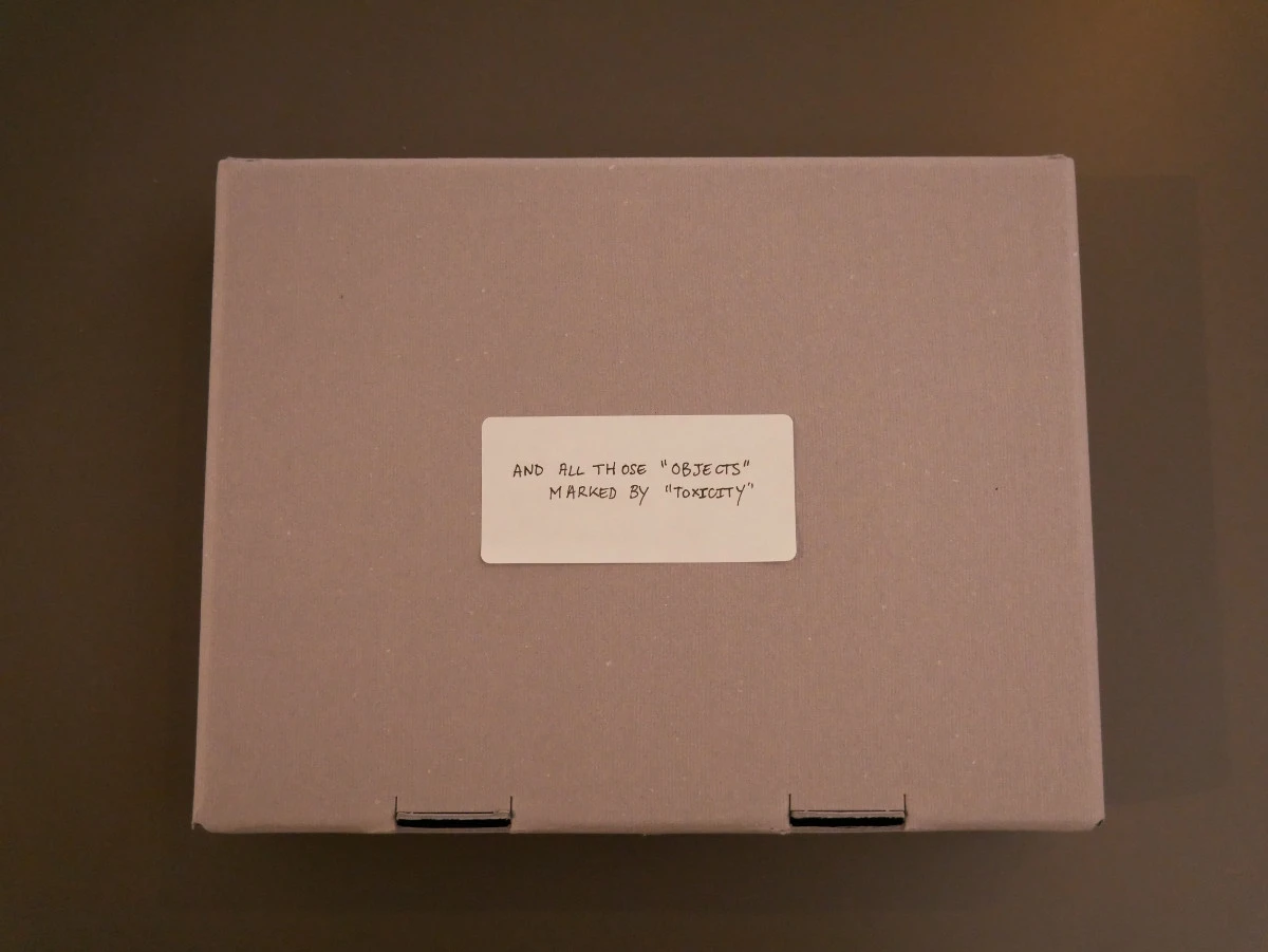 Geschlossene Archivbox liegt auf einem Tisch. Beschriftung: &laquo;AND ALL THOSE &lsaquo;OBJECTS&rsaquo; MARKED BY &lsaquo;TOXICITY&rsaquo;&raquo;